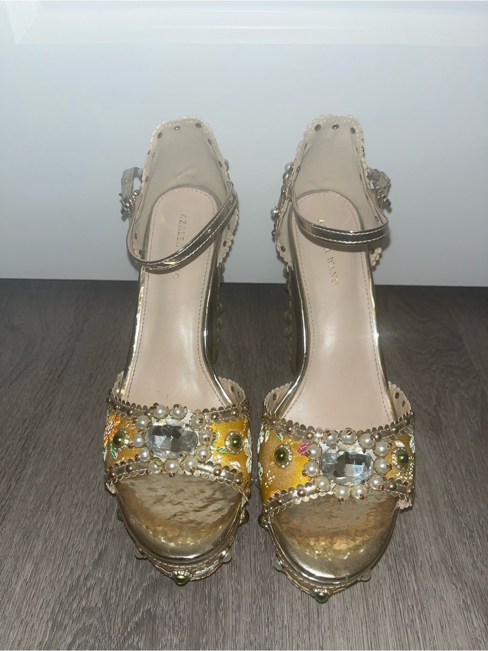 Gold Jeweled Platform Sandals with Ankle Strap